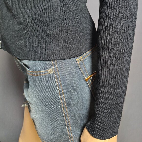 Y2K Black Ribbed Sweater Silver Snap Buttons Leather Trim Size S Gothic Vampy - Picture 6 of 13